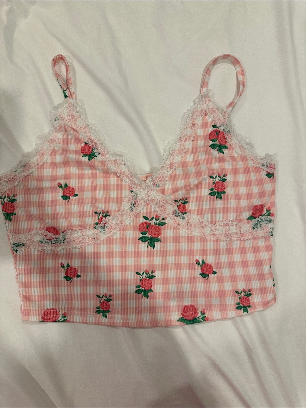 3/$10 Pink gingham floral crop top small